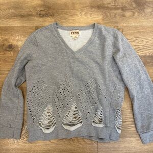 PEPIN Anthropologie Sz M V-Neck Distressed Sweatshirt Cutout Boho Chic Gray